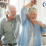 Senior couple dancing in their home