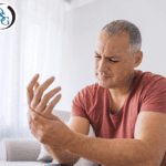 A man painfully grabbing at the joints in his hand.