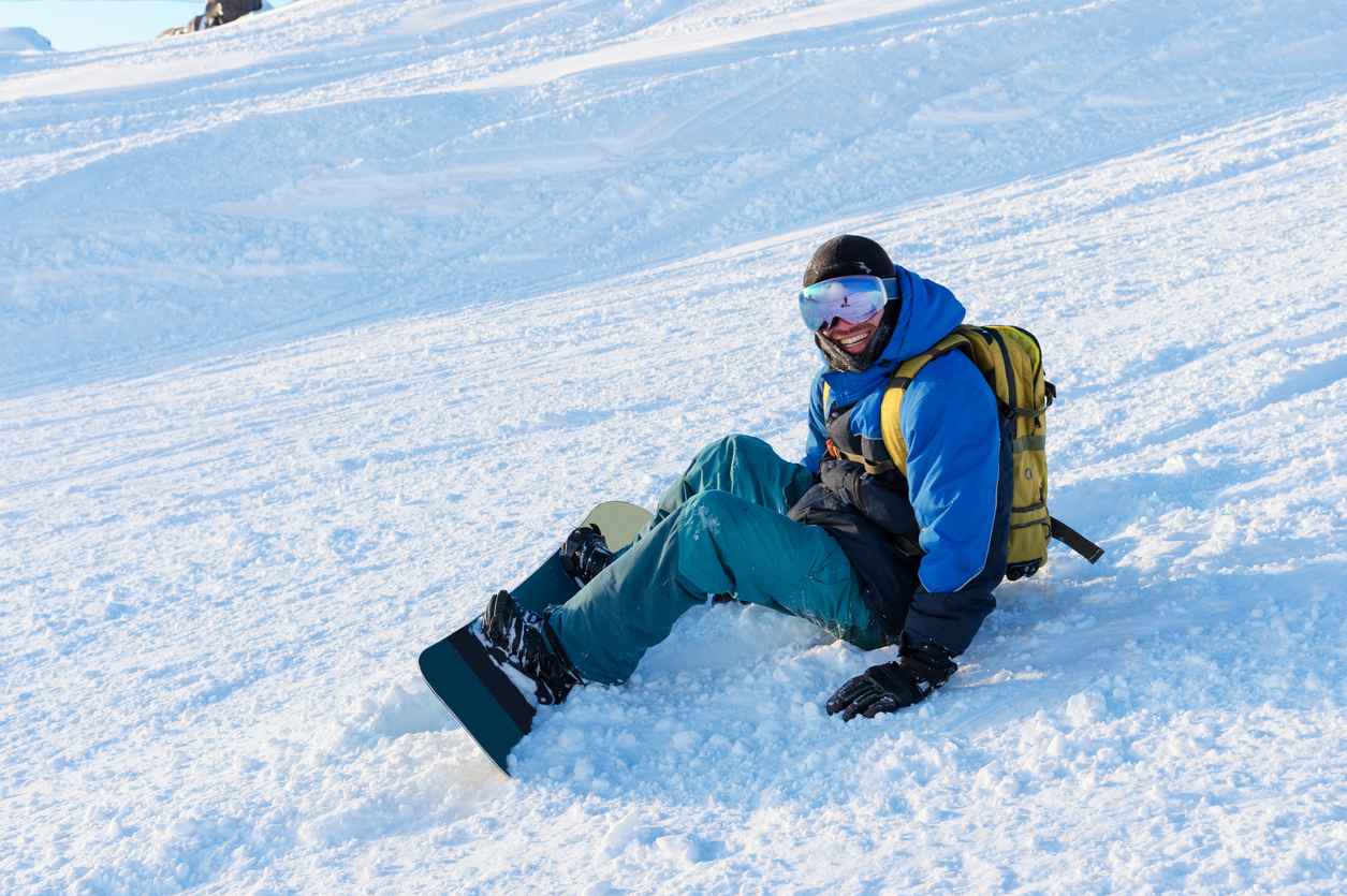 A smiling male snowboarder resting sit against a blue sky.