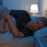 Asian old man laying on bed sleepless at night struggling with joint pain